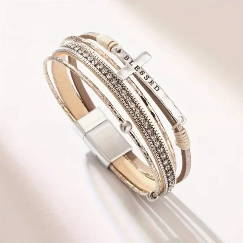 Rhinestone Blessed Cross Bracelet Magnetic Closure Vegan Woman's Gifts Boho NWT
